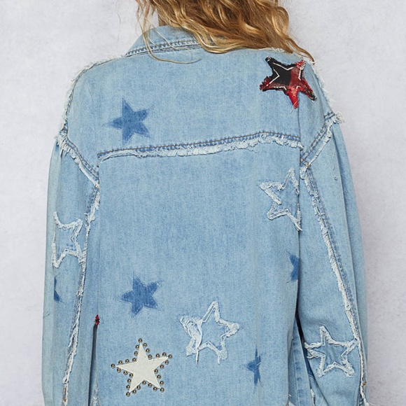 New Pol Denim Shacket Top Button Shirt Women Stars Boho Anthropologie Blue - Picture 9 of 11